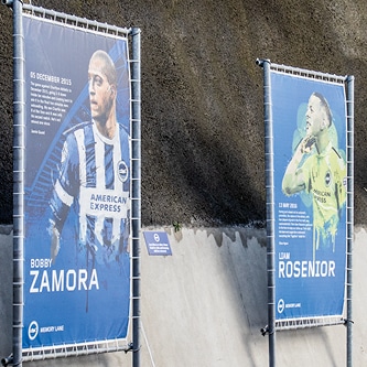 A photograph showing two banners at BHAFC